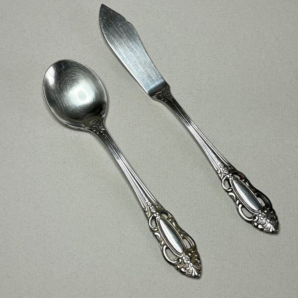 United Silver Co Artistic Rose Butter Knife and Sugar Spoon Stainless Flatware